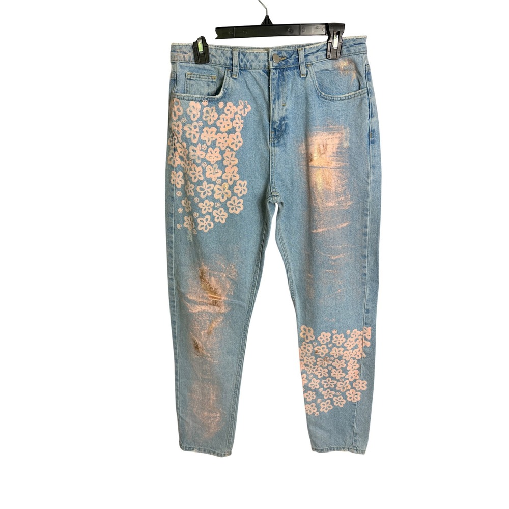 Denim Co Floral Mom Jeans 6 Blue Rose Gold Metallic Painted Distressed High Rise